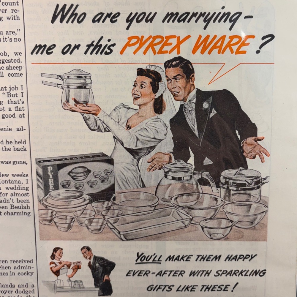 Vintage 1942 Pyrex Ware Print Ad Saturday Evening Post Wedding Kitchen Decor